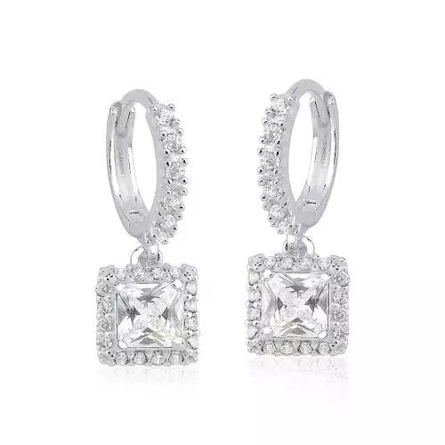 Brinco 0021 Argola Cravejada Pingente quadrado cristal