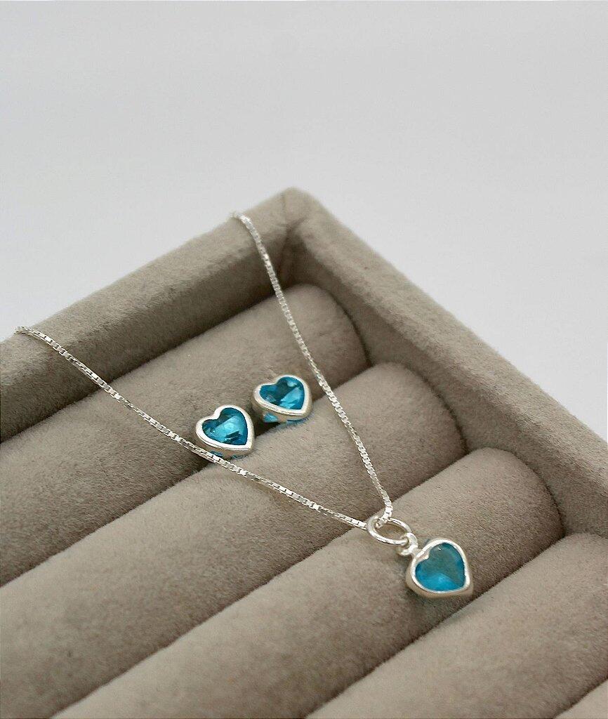 Colar 031 conjunto coração embutido Azul céu